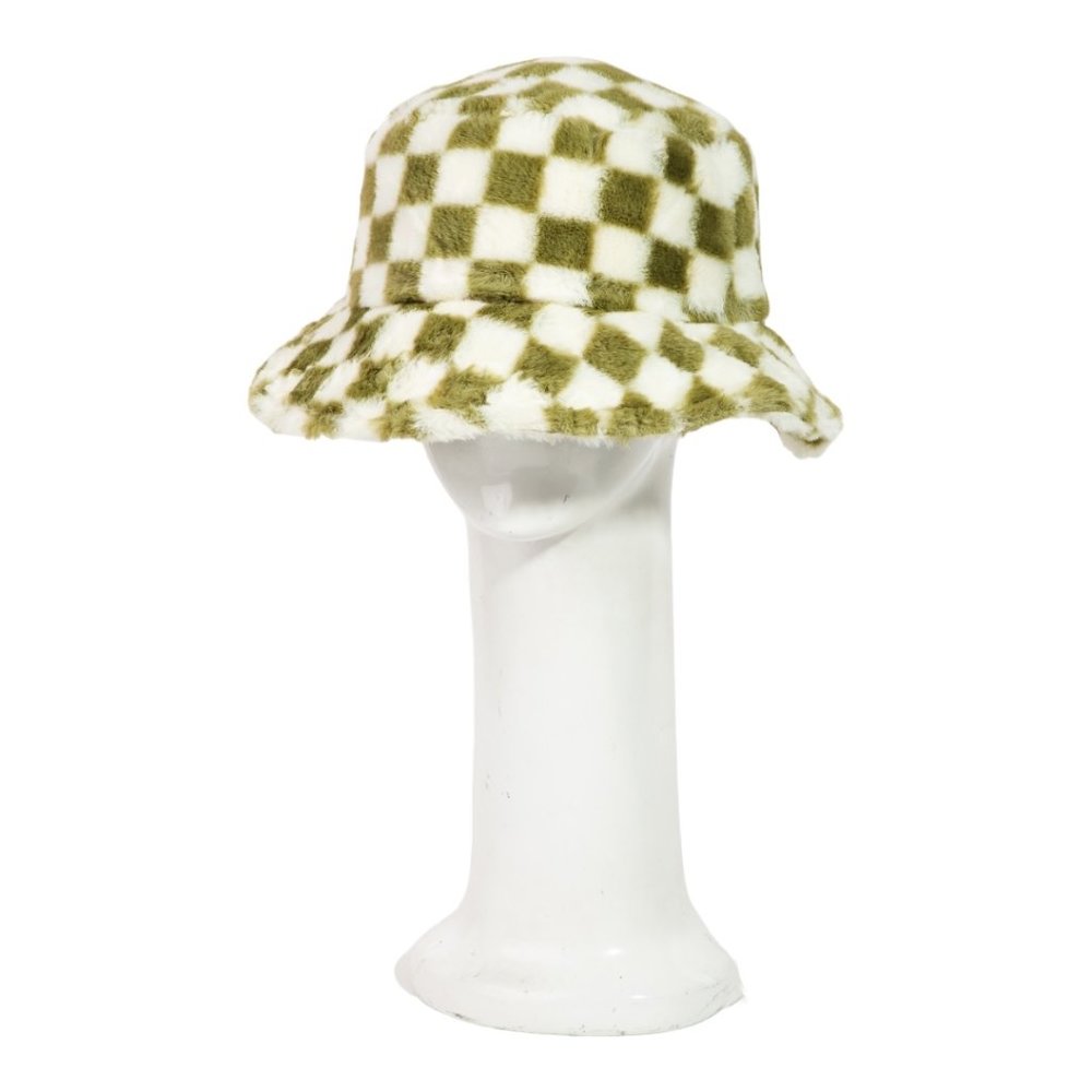Olive faux fur checkered print bucket hat